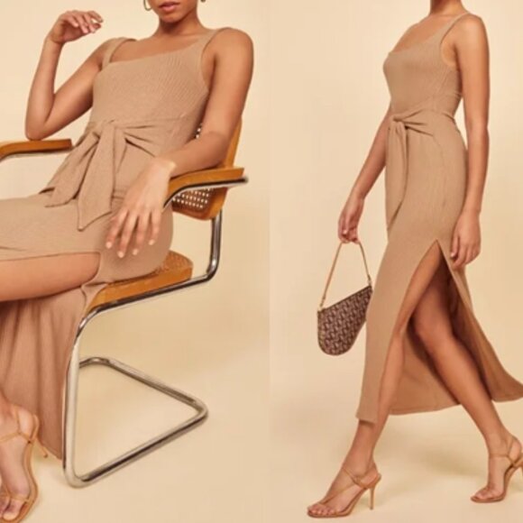 Reformation Hosby Ribbed Midi Dress in Buff Tan XL - Picture 1 of 10